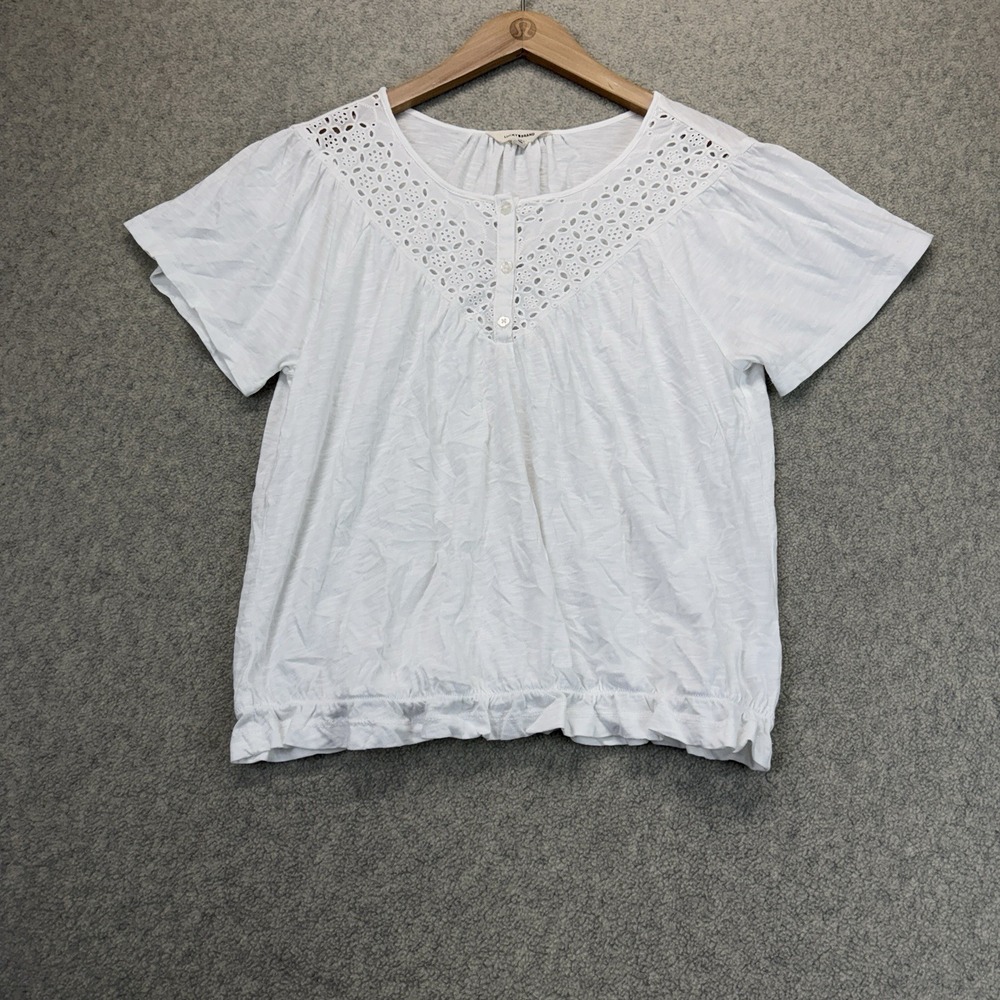 Lucky Brand Women's Medium White Eyelet Lace Short Sleeve Peasant Blouse